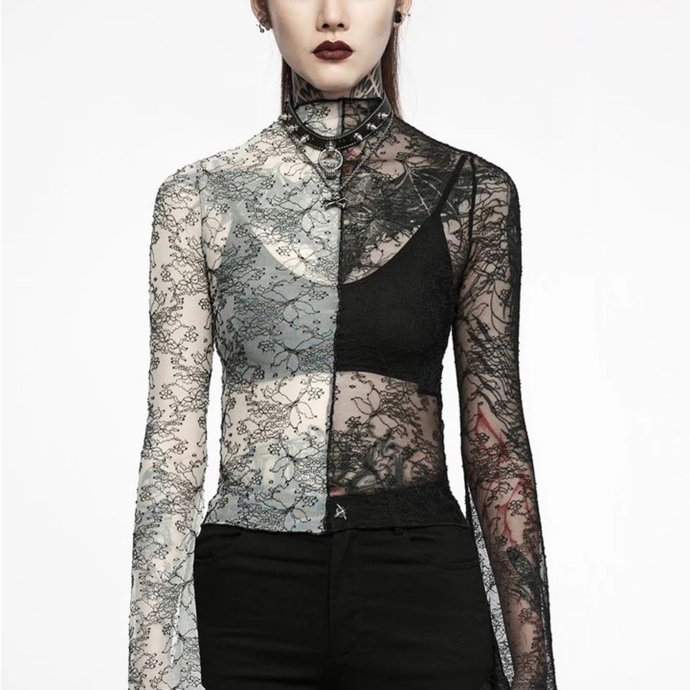 Punk Rave Ghost Bones Mismatched Mesh Top [BLACK/WHITE] Size M/L